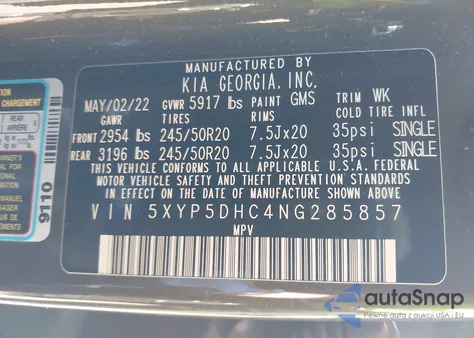 2022 Kia Telluride Sx z USA, uszkodzony, nr VIN 5XYP5DHC4NG285857